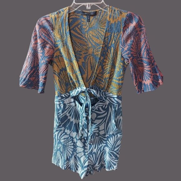 BCBGMAXAZRIA Ivy Floral Print Blocked Tie Front Woven Romper Multicolor Xsmall - Picture 7 of 16